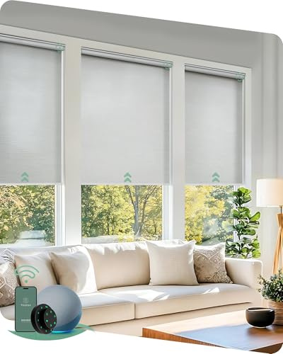 Yoolax Motorized Blinds with Remote, Smart Blinds for Windows Motorized Roller Shades, Automatic Window Shades Compatible with Alexa Custom Size (Light Filtering-Jacquard White)