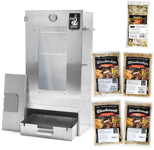 Eversmoke Räucherofen Excellent II Medium – Edelstahl Räucher Starter Set mit Sichtscheibe, Thermometer & Zubehör - Räucherschrank für Fisch, Fleisch & Käse (Starterset 5tlg.)