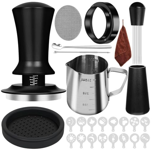 Minicoco 51mm Coffee Tamper Set Espresso Accessory Kit Espresso Barista Coffee Machine Accessories Set Espresso Tamper Tool Dosing Funnel Puck Screen Milk Jug Latte Art Pen Tamper Mat Coffee Stencils