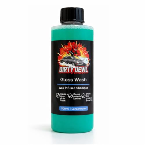 DIRTY DEVIL Gloss Wash 500ml - Wax Car Wash Shampoo with Wax Protective Layer. pH Neutral Detailing Cleaner Care Vehicle Cleaning Soap - Remove Dirt Road Grime Streak Free Showroom Shine Finish
