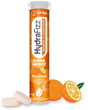 UPSA HydraFizz Boost - Electrolitos, Cafeina y Vitamina C, 16 Comprimidos | Electrolitos con cafeína, guaraná, vitaminas C y B3. Sabor naranja para energía, concentración e hidratación durante el dìa.