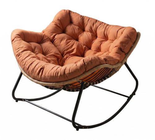 ANTEK TRADE Boho Schaukelstuhl für Garten & Balkon mit Kissen – Rattan Relaxsessel & Lounge Rocker mit stabilem Metallgestell (Orange)