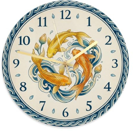 Orologio da parete a forma di pesce carpa, ispirato alla natura orientale, onde d'acqua e fiori di ninfea, orologio analogico da parete per soggiorno, camera da letto, cucina, decorazione 30 x 29 cm