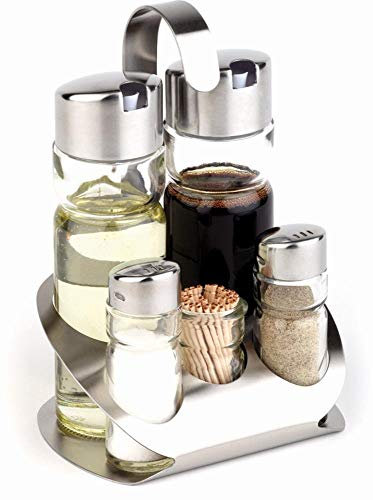 APS 4 pezzi Menage – Pro di circa 12,5 x 11 cm, altezza 19 cm in acciaio inox satinato/vetro Pepe – Sale – Aceto – Olio