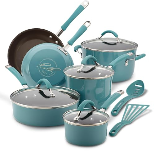 Rachael Ray 16344 Cucina Nonstick Cookware Pots and Pans Set, Aluminum, Agave Blue