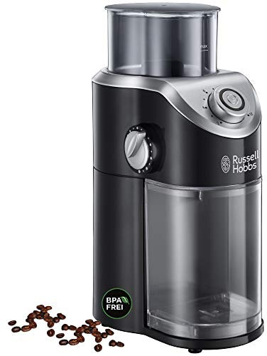 Russell Hobbs Molinillo de Café Eléctrico Classics - 3 Ajustes de Molienda: Fino, Medio y Grueso, Capacidad 100 g, 12 Tazas, Recepiente Extraíble y Lavable, Indicador LED Encendido, Negro - 23120-56