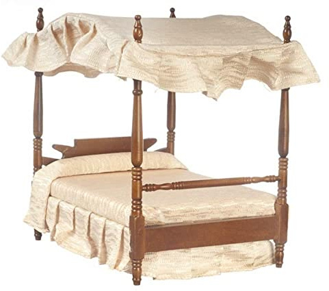 Melody Jane Dolls House Walnut Double 4 Poster Canopy Bed Miniature 1:12 Bedroom Furniture