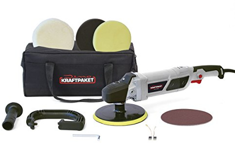 Dino KRAFTPAKET 1500W Rotations Poliermaschine 12-Stufig mit LCD-Display und Memory-Funktion im Set mit Polierschwamm Polierfell Polierteller Tasche für Auto KFZ Boot Heimwerker