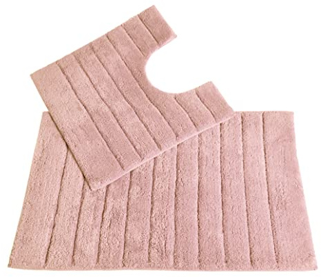 Allure Ribbed Design 2 Piece Bath and Pedestal Toilet Mat Set, 100% Cotton (Blush Pink)