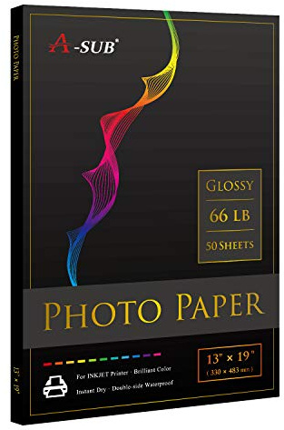 A-SUB Premium Photo Paper High Glossy 13x19 Inch 66lb for Inkjet Printers 50 Sheets, Single Sided