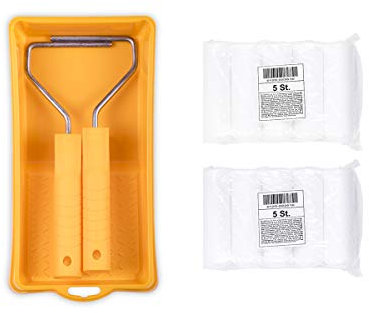 HARDY WORKING TOOLS A0180-119000 Painters Set of 2 Paint Rollers, Paint Tray and 10 Foam Paint Rollers, Pile Height 7 mm, Length 11 cm, Diameter 35 mm, White/Yellow