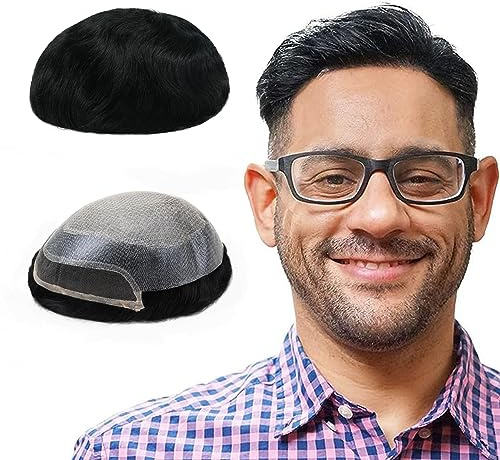Lordhair Knotenlos Toupet für Männer, Haut Eben Injiziert Spitzenfront Mensch Haar System, Basisgröße 8x10 Zoll Leichte Mittlere Dichte Herren Haarteil (Tiefschwarz 1#)