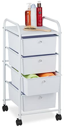 Relaxdays Badrollwagen, 4 Schubladen, Metall & Kunststoff, Rollcontainer Bad, Kosmetik, HBT: 74 x 33 x 39 cm, weiß