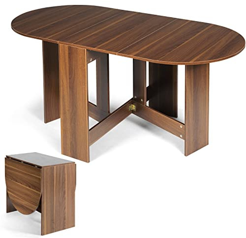 TANGZON Folding Drop Leaf Dining Table, 163x80x75cm Extendable Kitchen Table, Space Saving Wooden Desk for Kitchen Dining Room Living Room Office Small Space (Brown)