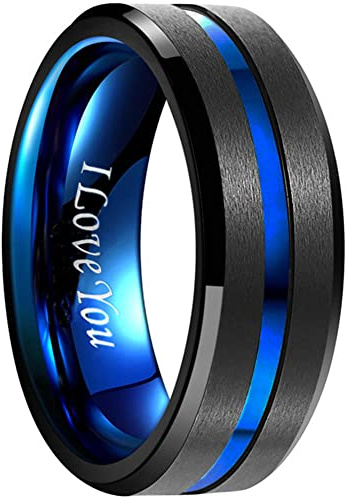 NUNCAD Black Tungsten Carbide Ring for Men Women Blue Groove Wedding Band Engraving I Love You Beveled Edge Size 11