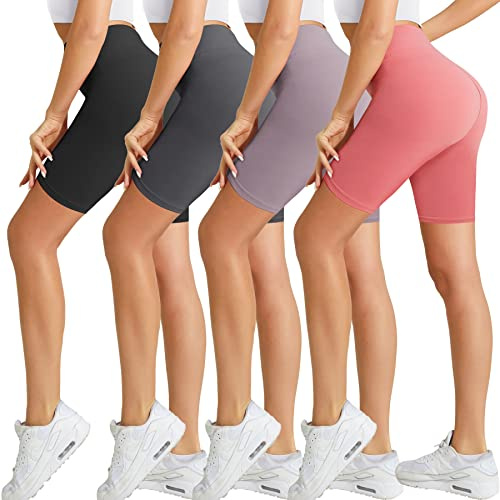 Natural Feelings Buttercloud 4-pack motorcykelshorts för kvinnor hög midja magkontroll träning gym yoga shorts, 4-pack svart/mörkgrå/månsten/ljusrosa, S/M