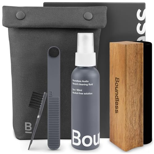 Boundless Audio Vinyl Record Cleaning Kit - 5-in-1 Vinyl Cleaning Kit Includes Velvet Record Brush, Stylus Cleaner, Cleaner Solution, Nylon Brush & Storage Bag