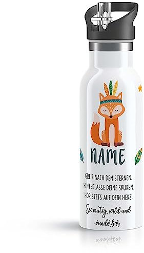 OWLBOOK® Edelstahl Kinder Trinkflasche Junge personalisiert | Wasserflasche mit Strohhalm | 600 ml | Flasche BPA-frei | Spülmaschinenfest | Schule Schulanfang Geschenke zur Einschulung | Fuchs