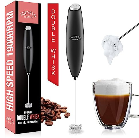 Milk Frother with Double Whisk, Handheld Electric Foam Maker, Hand Coffee Whisk Mixer Wand, Portable Mini Blender Foamer Stirrer for Latte, Matcha,Hot Chocolate