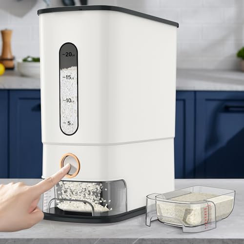 JOJOZOO 26.5 Lbs Rice Dispenser, Large Cereal Grain Storage Container with Measuring Cup & Time Scale, BPA-Free Household Rice Container, for Home Kitchen Pantry Organization