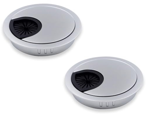 GNALIA 2 Piezas Pasacables de Mesa Circular 60mm de zamac Cromado Mate, Tapa pasacables encastrable en Mesa de Oficina/Escritorio
