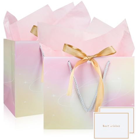 Mifferer Geschenktüten für Geburtstag, Hochzeit, Party, 2 Stück, mittelgroß, mit Karten und Griffen