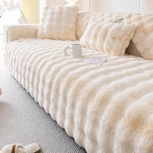 tianxinbaobei Faux Fur Couch Covers for Sofa, Plush Warm Sectional Sofa Covers Washable for 2-3 Cushion Couch,Non-slip Slipcover Sofa Covers for Pet Dog Furniture Protector(1PC,White,35x71)