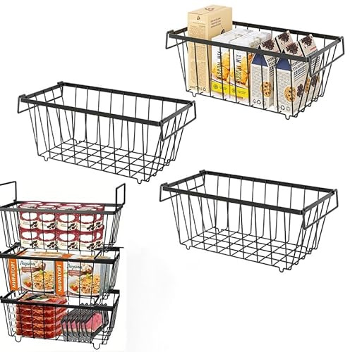 3 stycken fryskorgar, metallfrysorganisatör, stapelbara trådkorgar med handtag och halkfri botten, trådkorg, frysorganisatör för 5–7 Cu.Ft kylskåp, 37,2 x 18 x 14 cm (svart)