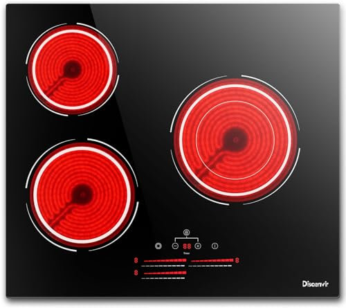 Plaque Vitrocéramique 3 feux 5500W, double boucle, Disaenvir, encastrable, 60cm, 9 niveaux, verrouillage enfant, tactile, anti-touche