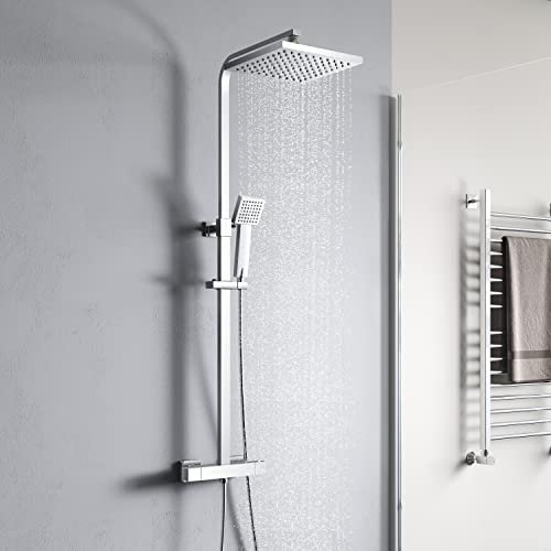 YOOZENA Columna de Ducha Termostática Ajustable Con Grifo, 38 °C, Alcachofa de Ducha de Baño con Manguera, Cromado Cuadrada