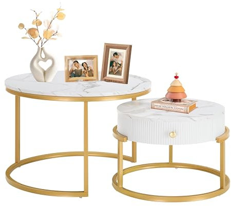Xisilla Marmoroptik Runder Couchtisch Set mit Schubladen，weißer couchtisch rund 2er Set für Wohnzimmer/Arbeitszimmer/Schlafzimmer