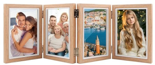 DXiongW Bilderrahmen für 4 Bilder 10x15 cm Klappbar Fotorahmen aus MDF Vertikal Bilderrahmen Collage 4 Foto Holzfarbe Portraitrahmen Deko für Büro Familie Schreibtisch Geschenk für Geburtstag Hochzeit