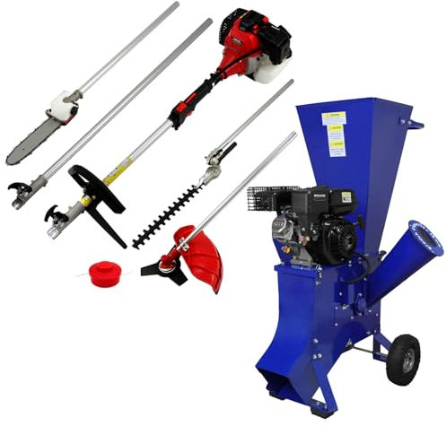5 in 1 Multi Tool 52cc & 15HP Wood Chipper Petrol Shredder Mulcher Garden Brush Grass Cutter Chainsaw Hedge Trimmer Strimmer Powerful 420cc 3600rpm 4 Stroke Heavy Duty Tool Kit & Protective Equipment