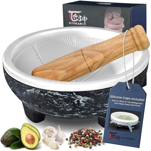 SYOKAMI Mortar and Pestle Set, 2 Cup, World's 1st Lightweight Molcajete Mexicano with Grinding Ridge, High Grinding Efficiency for Guacamole, Spice and Herb, Easy to Clean, Anti-Scratch Protector