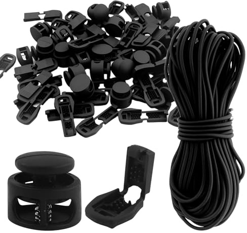 1 Stück Schwarz Elastische Gummischnur, Gummiseil,Gummiband Rund Schnur mit Kordelstopper Kordelklemme, Kordelstopper Loch Gummikordel für Kordelzug Rucksack Bekleid Wäscheleinen