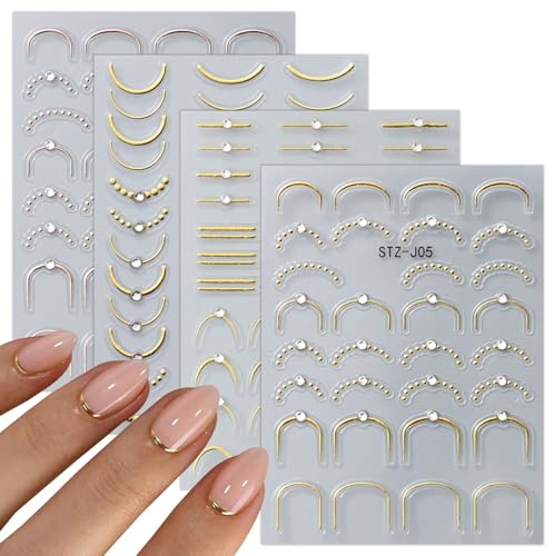 JMEOWIO 3D Embossed French Tip Gold Line Nail Art Stickers Decals Self-Adhesive 5D Nail Supplies Nail Art Design Decoration Accessories 4 Sheets
