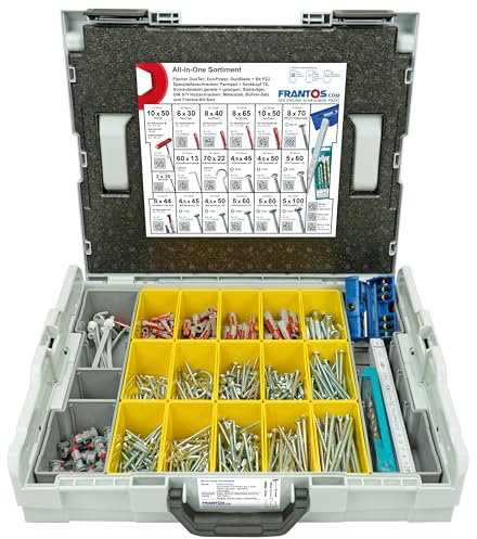 FRANTOS ALL-IN-ONE Schrauben und Dübel Set (577 Teile) in L-BOXX für Heimwerker und Profis, Fischer Dübelsortiment, Universalbohrer und TX Bit Satz + Zollstock