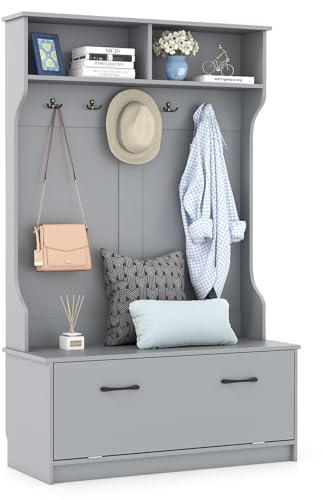 HOMASIS Appendiabiti da Terra con Scarpiera, Appendiabiti Aperti con Panca, 2 Scomparti e 5 Ganci Doppi, Guardaroba Ingresso, Guardaroba per Camera da Letto, Soggiorno, 100 x 40 x 160 cm (Grigio)