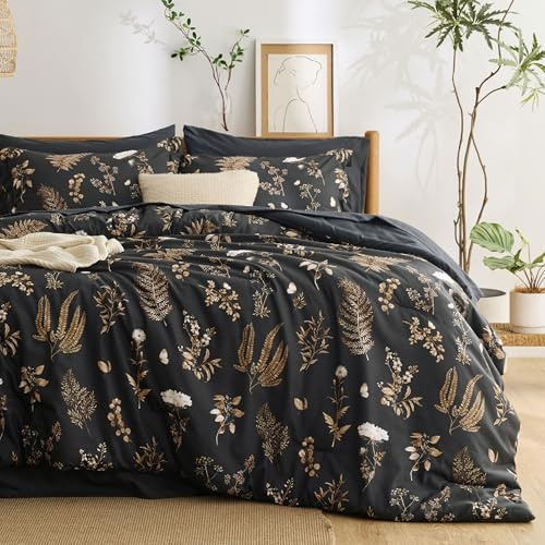 Bedsure Black Queen Comforter Set - 7 Pieces Floral Bedding Sets Queen Bed in a Bag with Reversible Botanical Flowers Comforter, Sheets, Pillowcases & Shams