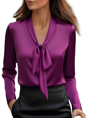 Generisch Damen Seidenbluse V-Ausschnitt mit Schleife Langarm Laternenärmel Elegant Casual Büro Bluse für Damen