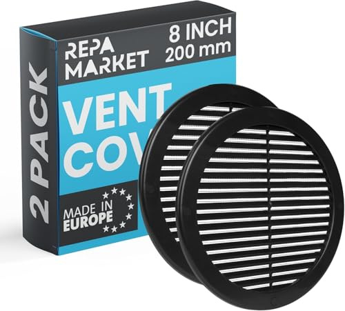 Repa Market Schwarz Lüftungsgitter Rund 200mm (Öffnung Ø) – 2er-Pack Kunststoff Belüftungsgitter – Lüftungsgitter mit Insektenschutz für Wände, Decken – HVAC Lüftungsgitter Schwarze