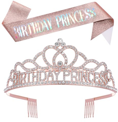 Quilax Birthday Tiara for Women, Birthday Princess Sash and Crown Set, Glitter Rhinestone Tiara Headband, Sashes Crystal Crown Hair Accessories for Birth Costume Gifts Party Favors(Rose Gold)
