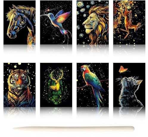 8 Pcs Rainbow Animals Scratch Art for Adults and Kids, Painting Sketch with Glow Effect, Rainbow Scratch Paper Set for Stress Relief & Creativity, DIY Art & Craft Drawing