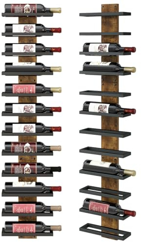 IBUYKE Wall Mounted Wine Rack 12 Bottle,Wood Metal Wine Bottle Holder for Wall,Liquor Bottle Display and Storage,DIY Wall Wine Rack for Living Room, Kitchen, Bar, Wine Cellar, Rustic Brown,TMJ913H