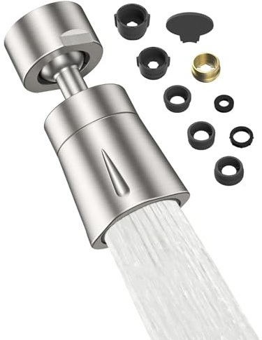 Hibbent 4 Spray Modes Kitchen Tap Sprayer Head, Brushed Nickel | 360° Rotation and 70° Adjustable Tap Aerator, Solid Brass Rotating Ball, ABS Shell, 22 Female Thread with 6 Adapter