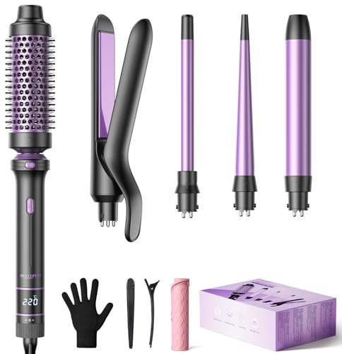 BESTOPE PRO 5 in 1 Curling Wand Set, Ceramic Interchangeable Barrels with Thermal Brush & Straightener, 13 Temp LED Display, Heat Resistant Accessory Kit