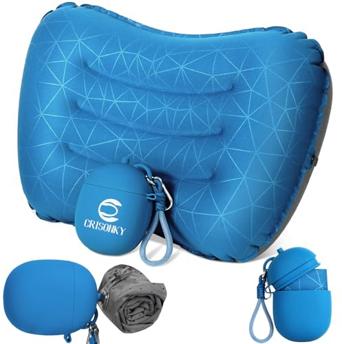 Crisonky Camping Pillow, Inflatable Pillow with 2-in-1 Air Pump Storage Bag | Dual Air Valve, Ergonomic Neck & Lumbar Support, Portable & Packable for Camping, Hiking, Travel