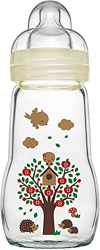 MAM Feel Good Babyflasche aus Glas (260 ml), Babyflasche mit weiter Öffnung, stabile Baby Trinkflasche mit Sauger Gr. 1, ab der Geburt, Naturmotive, beige