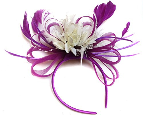 Pflaume Magenta und Creme Ivory Türkis Feder Haar Fascinator Haarband Hochzeit Royal Ascot Races Damen