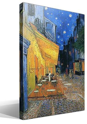 Cuadro wallart - Terraza de un Café en la Plaza Forum de Arlés por la Noche de Vincent Willem van Gogh - Impresión sobre Lienzo de Algodón 100% - Bastidor de Madera 3x3cm - Ancho: 75cm - Alto: 55cm